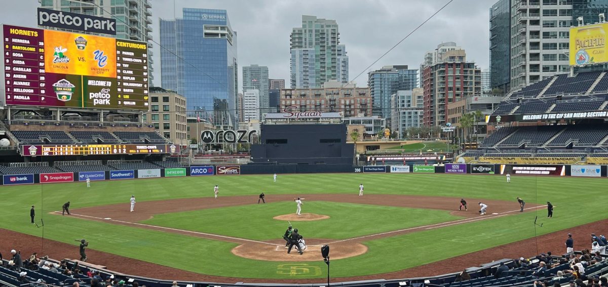 The UC High Baseball Team, the Centurions, playing against the Lincoln High Hornets at Petco Park.